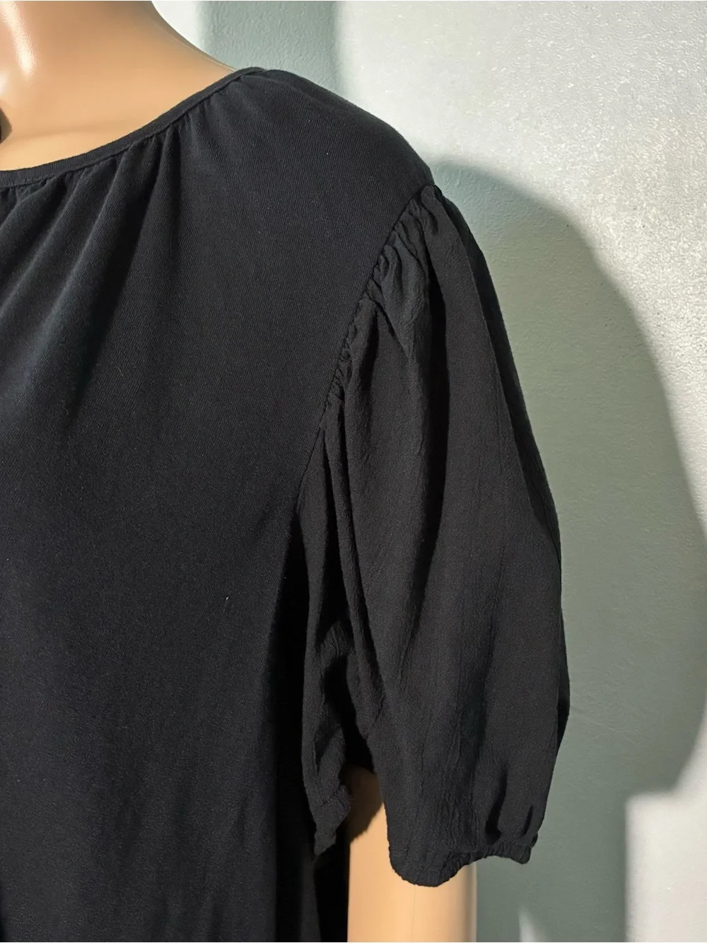 Style & Co Women's Tunic Blouse 3X Black Keyhole Tie Puff Sleeve Cotton Blend